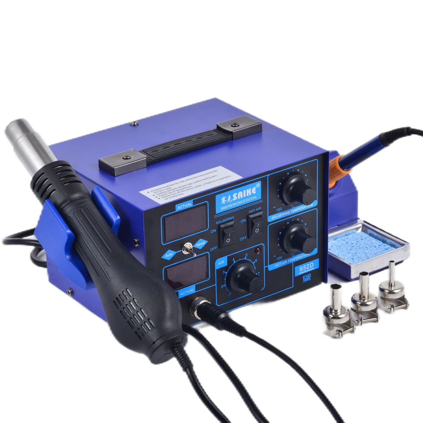 Фото Saike 952D Hot Air Gun Station 220V 110V Heat Gun Soldering Iron Station 2 in 1 900M tip BGA Rework soldering station Kit Holder №4