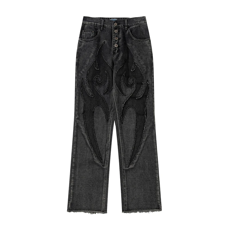 Celana Denim Kasual Bordir Tengkorak Tambal Sulam, сплошные высокоуличные Celana джинсы Pinggang Elastis Pria dan Wanita (art.: 3920c118c9f61) - 3920c118c9f61