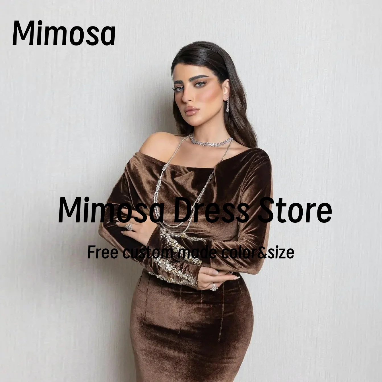 Фото Mimosa Мягкие велюровые платья для выпускного вечера с бисером и длинными рукавами Вечерние платья на молнии с разрезом сзади Специальное вечернее платье по индивидуальному заказу №4