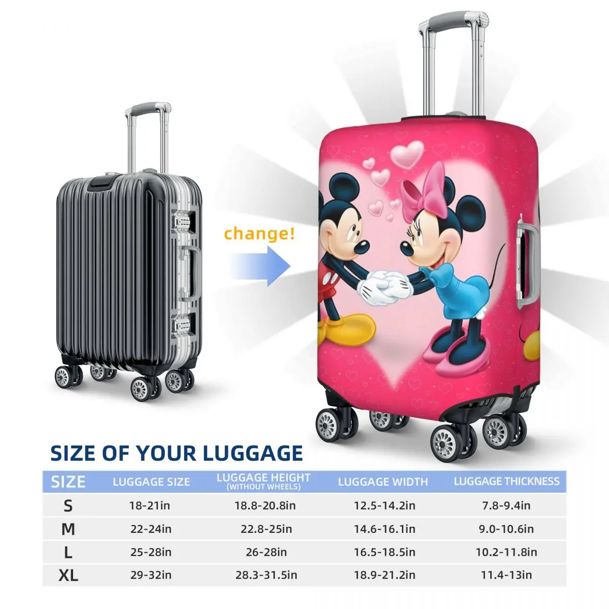 Изготовленный на заказ дорожный чехол для багажа Minine Mouse, моющийся модный чехол для чемодана с мультяшным принтом в виде сердца, анимационный чехол, подходит для 18-32 дюймов (art.: 3920d034ab64a) - 3920d034ab64a