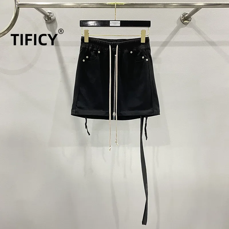 Фото Тяжелая хлопковая художественная однотонная ковбойская короткая юбка TIFICY, женская черная уличная модная художественная хлопковая полуюбка №2
