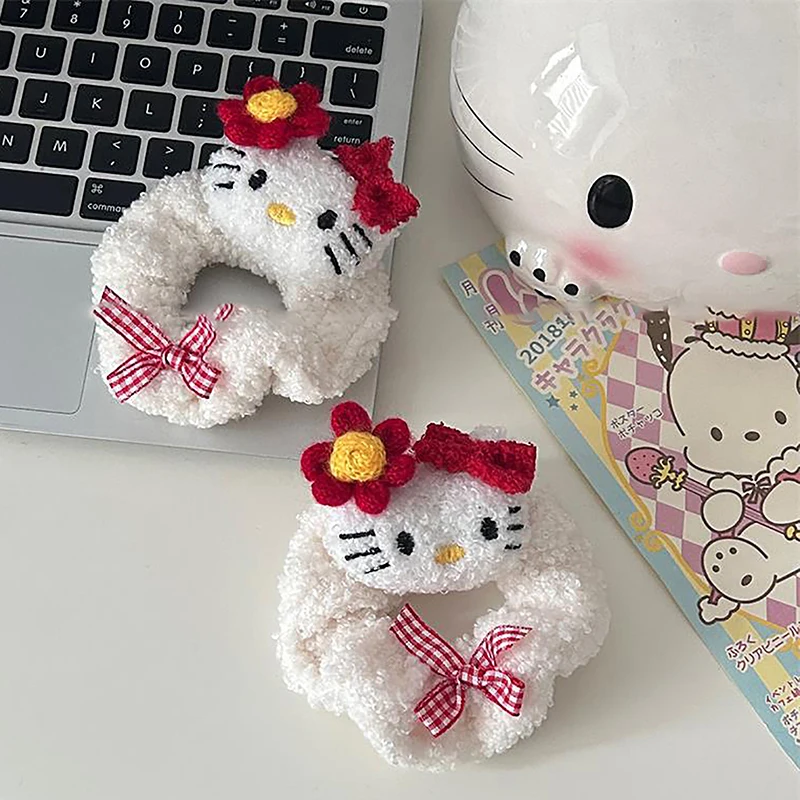 Фото Милый мультяшный плюшевый бант Hello Kitty кольцо для волос женская резинка для волос KT Cat пушистая веревка для волос женский аксессуар для волос подарок другу №4