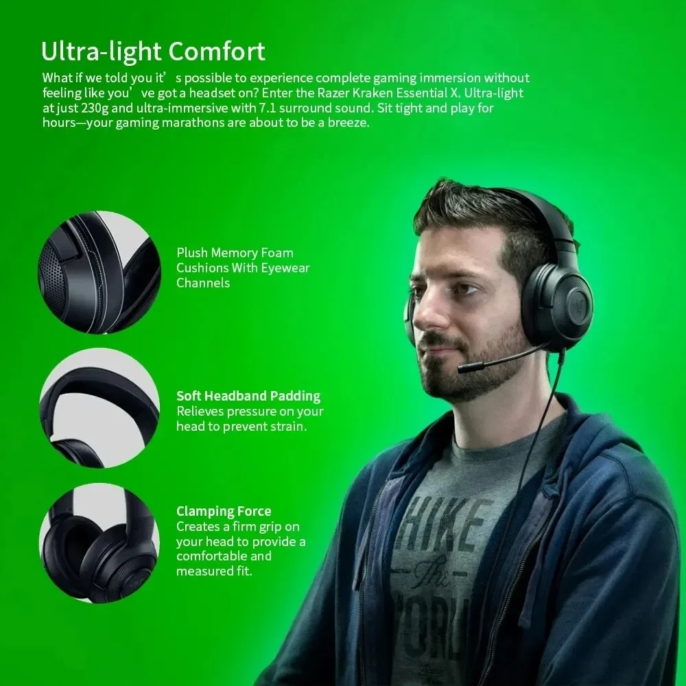 Игровая гарнитура Razer Kraken X Essential, наушники с объемным звуком 7,1, сгибаемые наушники с кардиоидным микрофоном, блок драйвера 40 мм, наушники (art.: 3920c859ef904) - 3920c859ef904