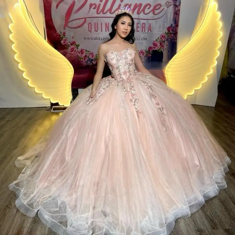 Мексиканское розовое платье Quinnceanera, бальное платье, блестящее 3D кружевное платье, аппликация, бисер, тюль, корсет, милое, 16 Vestidos De 15 лет