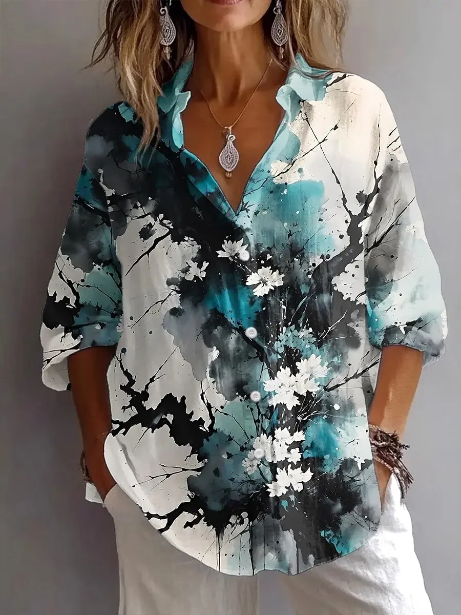 Женская рубашка с цветочным рисунком Tie Dye, винтажная повседневная стильная рубашка с длинным рукавом и воротником, обычные топы, повседневная рубашка с принтом на пуговицах, осень