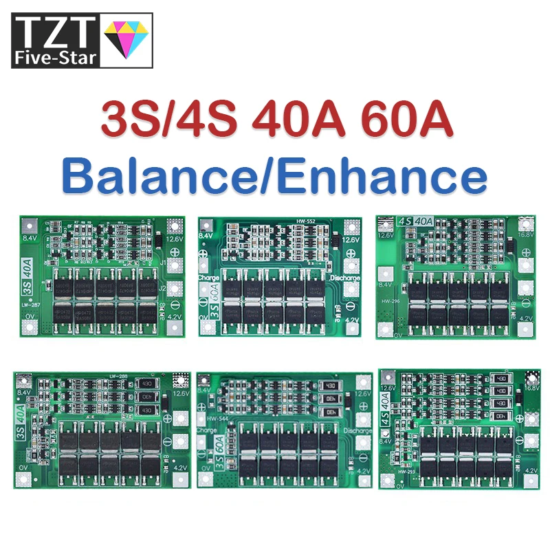 Защитная плата 3S/4S 40A/60A 18650 BMS, для зарядки литий-ионных батарей, для двигателя перфоратора, 11,1 В/12,6 В/14,8 В/16,8 В с увеличителем/балансиром