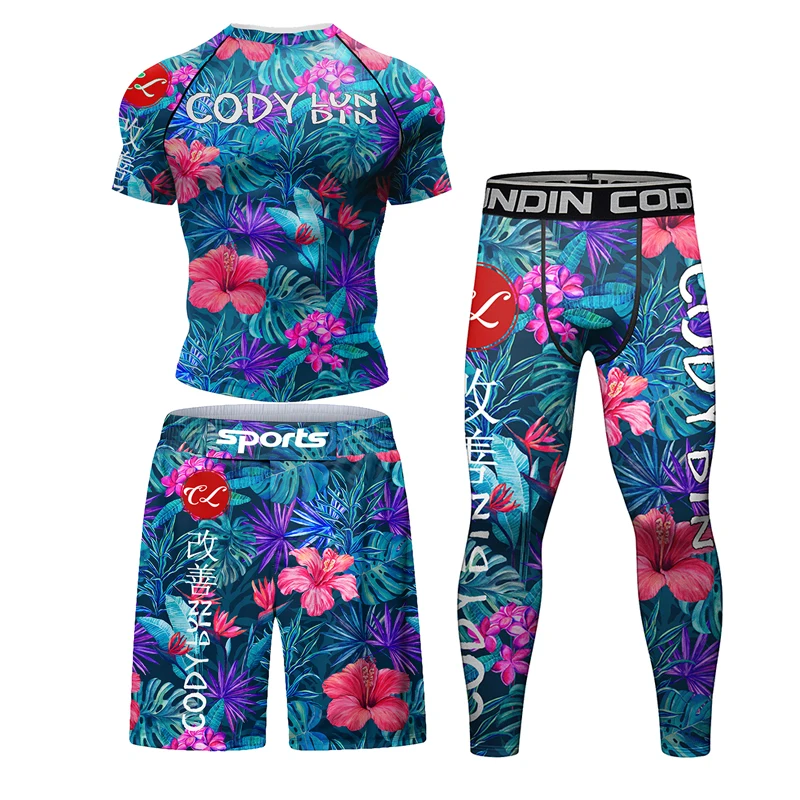 Фото Совершенно новая спортивная одежда для MMA, компрессионная футболка, 3D фитнес-трико, мужские футболки BJJ Rashguard + шорты, брюки, мужские бриджи №3