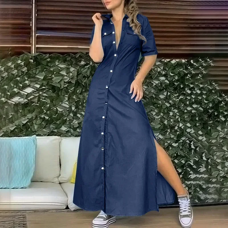 Фото Plus Size,Женское Джинсовое Платье Больших Размеров S-5xl, Однотонное, Элегантное, В Американском Стиле Ретро №3