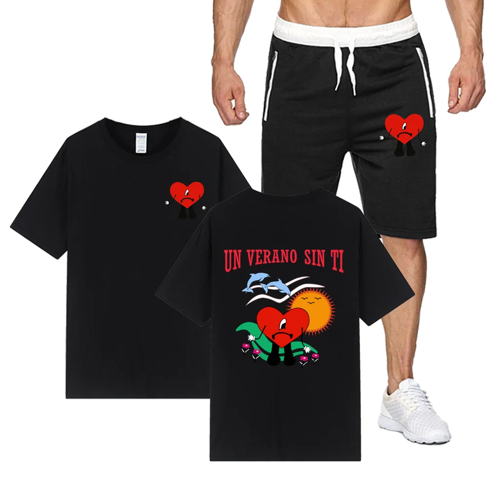 Плохой Кролик для похудения, узорная ткань, Cetak Musim Panas 2 Potong Pakaian Olahraga Fitness + Celana Pendek Pantai Kaus Kasual