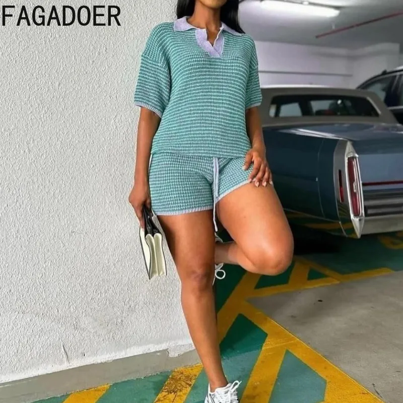 Фото FAGADOER Y2k Sweet Fashion Knit Комплекты из 2 предметов Женский наряд Укороченный топ с короткими рукавами и шорты Женская уличная одежда №2