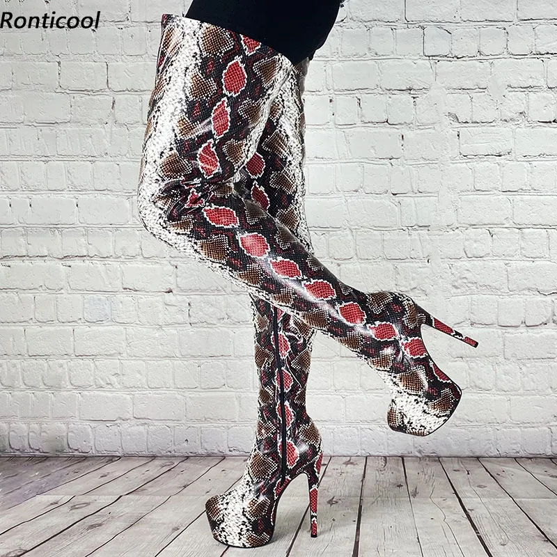 Ronticool/Новые женские весенние ботинки ручной работы на платформе, боковая молния, туфли на шпильке с круглым носком, змеиная обувь для косплея, размер США 5-20