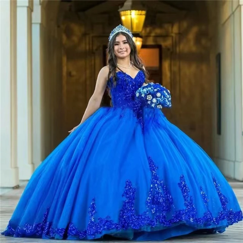 ANGELSBRIDEP Королевское синее платье Quinceanera, кружевное платье с аппликацией, милое платье принцессы 16 знаменитостей, платья