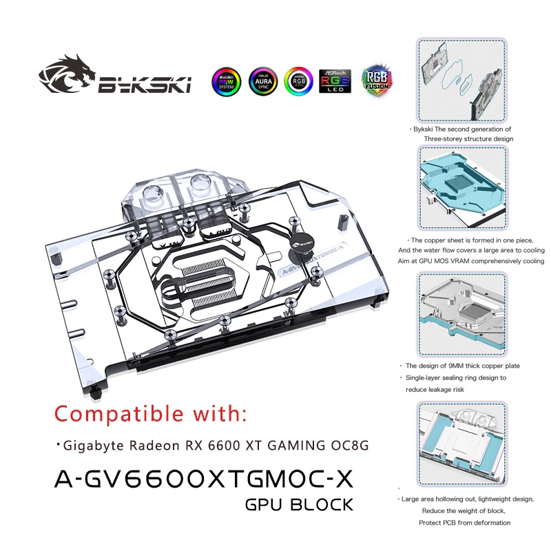 Блок GPU Bykski для видеокарты GIGABYTE RX600XT GAMING OC 8G / радиатора системы с полным покрытием, A - GV6600XTGMOC - X