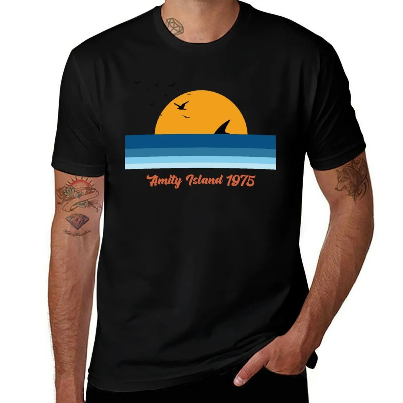 Футболка Amity Island Jaws 1975 года, футболка на заказ, простые хлопковые футболки с рисунком, мужские футболки, повседневные стильные футболки