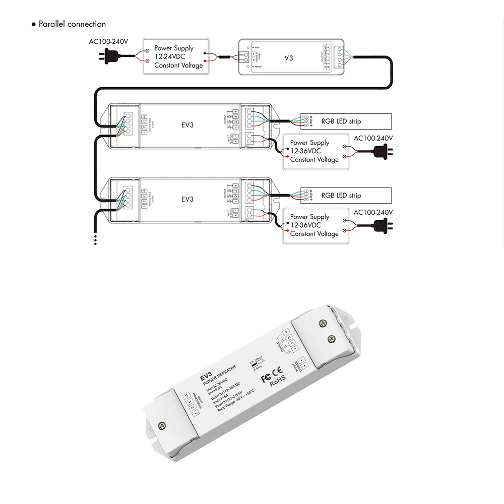Фото Skydance EV3 DC12-36V 3CH * 6A Постоянное напряжение 2в1 Повторитель мощности Одноцветный усилитель сигнала RGB для контроллера/полоски/модуля №4