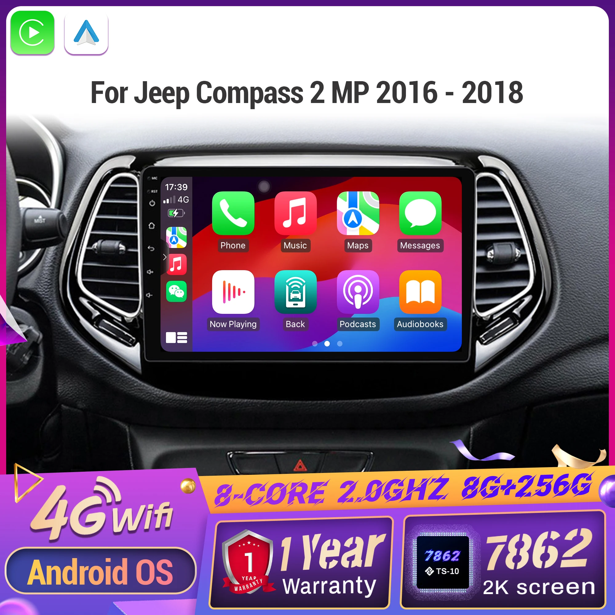Для Jeep Compass 2 MP 2016-2018 Беспроводной BT CarPlay Android 14 Радио Автомобильный мультимедийный плеер с сенсорным экраном