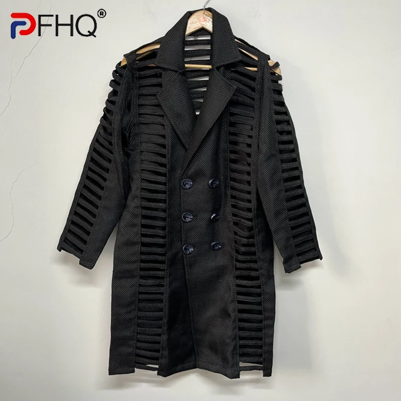 PFHQ осенний Новый мужской вырезанный сверхпрочный многослойный авангардный тренчкот мотоциклетная темная одежда уличная ветровка 21Z1000