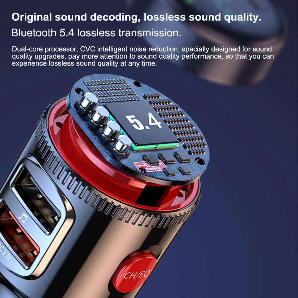 Фото Автомобильный Bluetooth-адаптер, беспроводной FM-передатчик, USB C & QC3.0, двойная быстрая зарядка, прикуриватель, радио-музыка, поддержка громкой связи №4