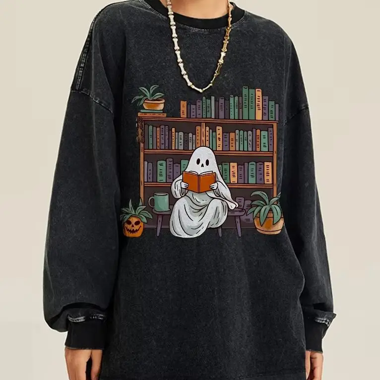 ity z nadrukiem Cute Ghost Bookshelf Sweter z nadrukiem Wysokiej jakości bawełniany sweter z okrągłym dekoltem Luźny, oversize na ramionach Trend Nowe długie rękawy Толстовки и свитшоты