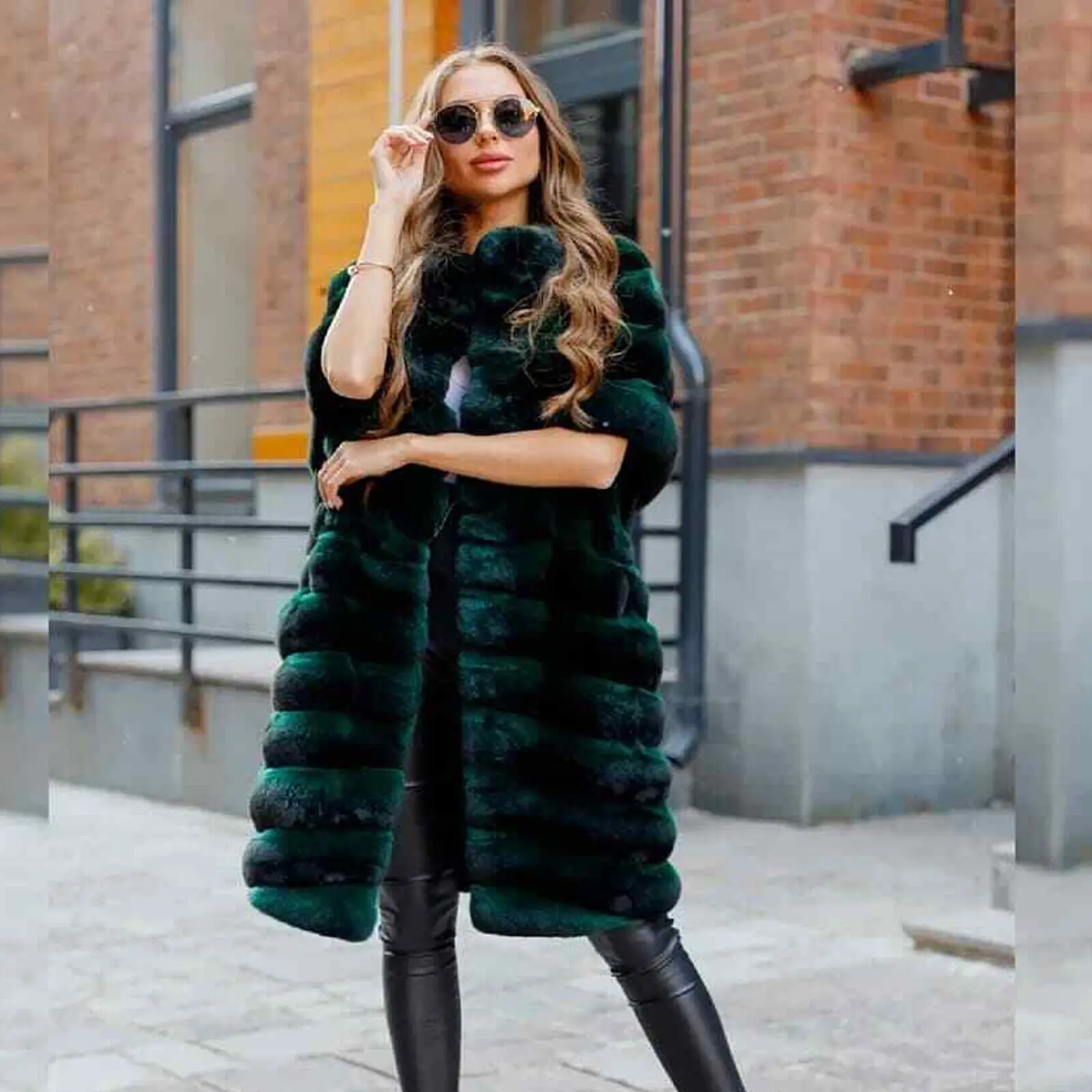 Fashion Women's Real Chinchilla Rex Rabbit Fur Coats Luxury Elegant Winter Warm Jackets Green Natural Fur Thick Overcoat