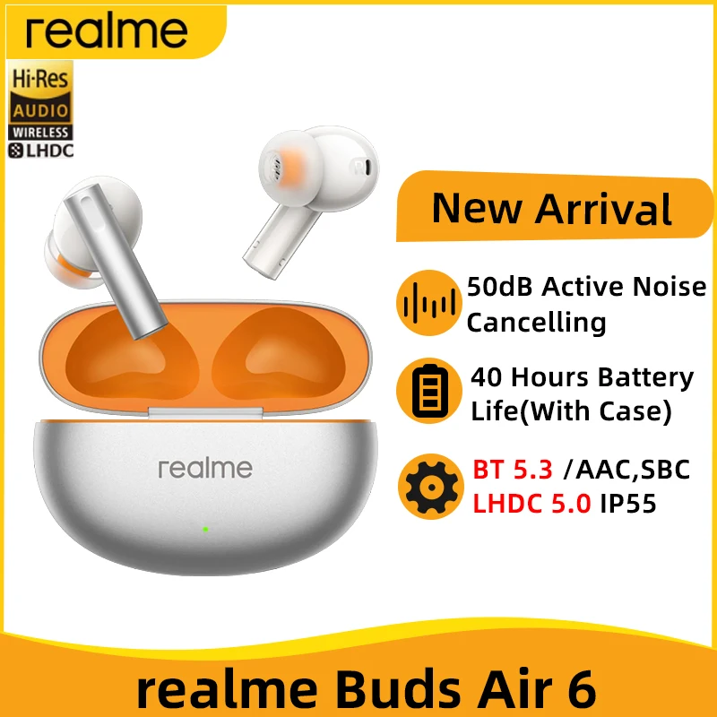 TWS-наушники realme buds Air 6 с активным шумоподавлением и поддержкой Bluetooth 5,3, IP55, 40 часов работы от аккумулятора