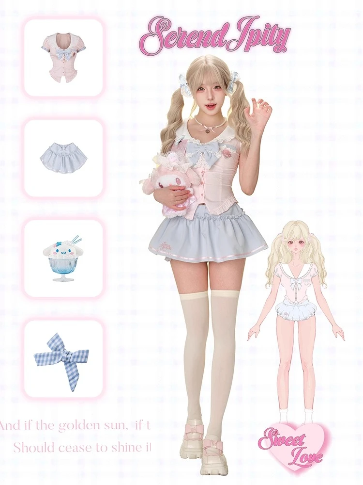 Sweet Preppy Style Kawaii комплект из 2 предметов для женщин Y2k Лолита Design Топы + юбка с высокой талией Женская принцесса Ретро Шикарные наряды Лето (art.: 3920cfe808d51) - 3920cfe808d51