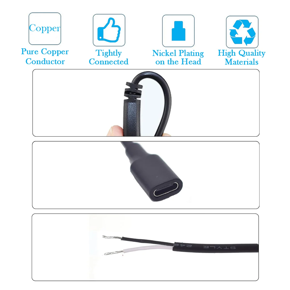 Фото Кабель USB C с разъемом 1 м/3,3 фута 22AWG — 2-проводной кабель питания DIY 5 В 3 А для замены типа C (белый/черный голый провод) №5
