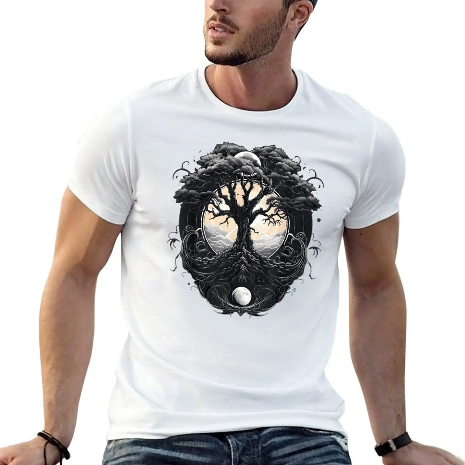 Футболка с круглым вырезом Moonlit Tree Silhouette, спортивные футболки премиум-класса, забавная новинка, размер США для отдыха