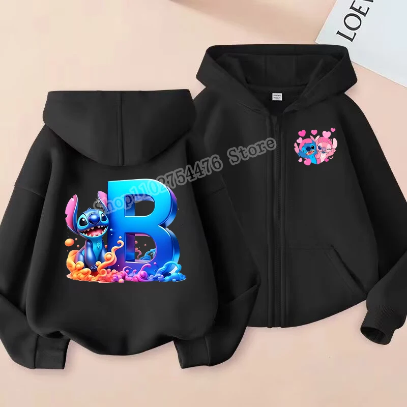 Фото Детский кардиган Disney Stitch, куртка с мультяшным алфавитом A-Z, верхняя одежда с принтом для мальчиков и девочек, зимняя повседневная теплая верхняя одежда, подарок для детей №3