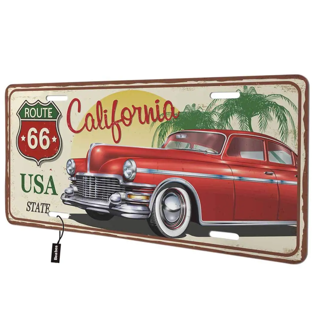 Передняя крышка номерного знака Beabes California Route 66, красные винтажные декоративные номерные знаки с автомобильным деревом США для автомобиля, алюминий N
