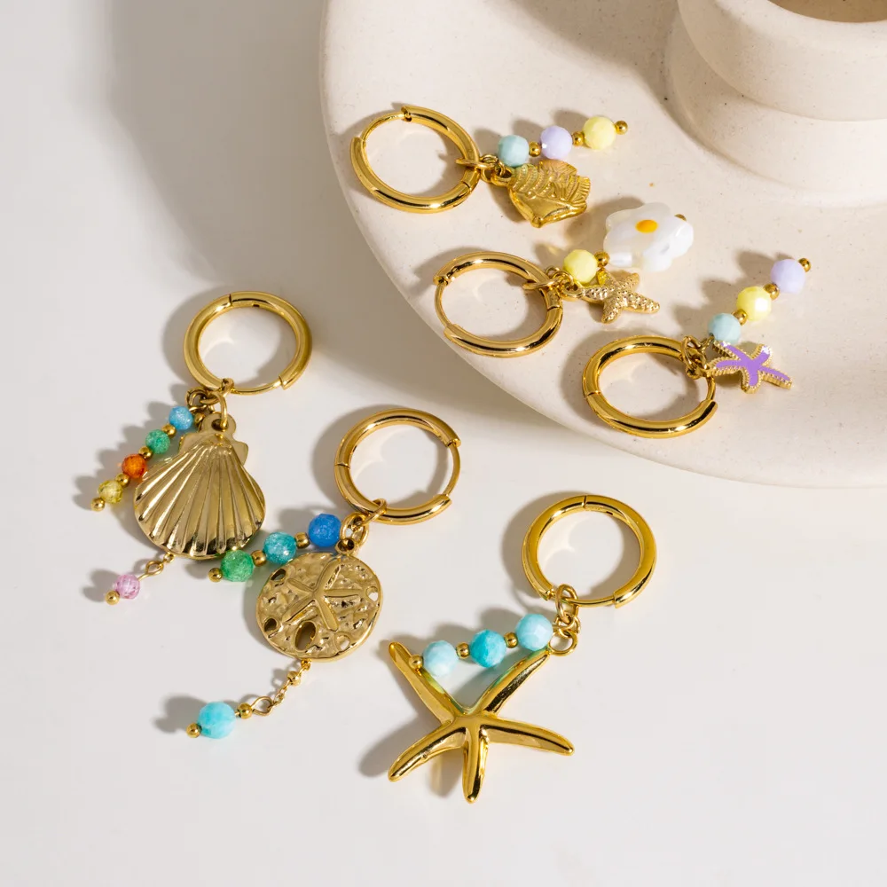 V.Stainless Steel 1PC Ocean Element Shell Starfish Dripping Oil White Shell Earrings for Jewelry Making Wholsale