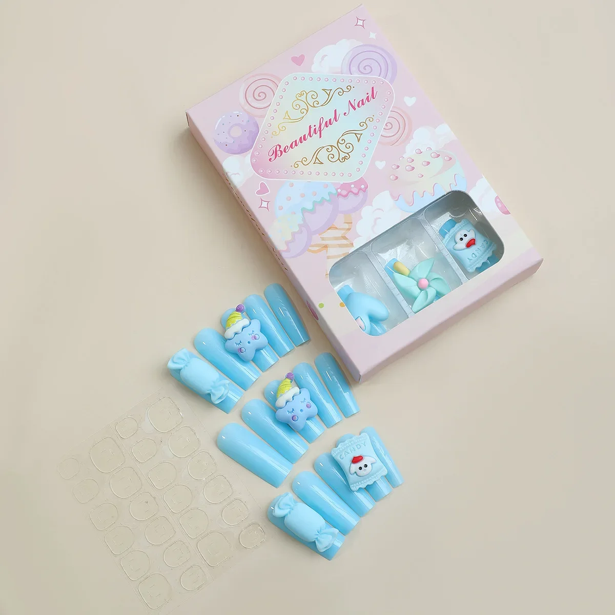 Фото Miniso Длинные синие накладные ногти 3D Звезды змеев Конфеты Смола Декор Накладные ногти Корейский сладкий пресс на ногтях Носимые искусственные ногти Patc №4