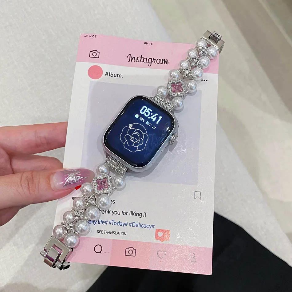 Фото Жемчужный ремешок с четырьмя лепестками клевера и цирконием для Apple Watch Band Series 10, 9, 8, 7, 6 SE 5 4, Ultra iwatch 46 мм, 42 мм, 38-49 мм, женский браслет №4