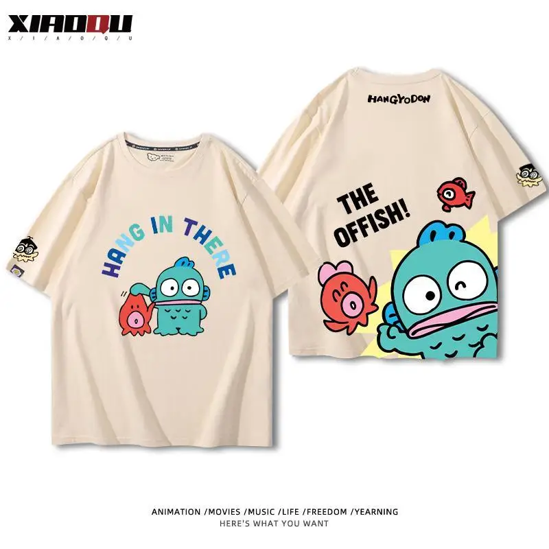 Фото Футболка Sanrio Hangyodon с короткими рукавами, фирменная периферия для мужчин и девочек, студенческая универсальная хлопковая детская одежда, летняя одежда №5