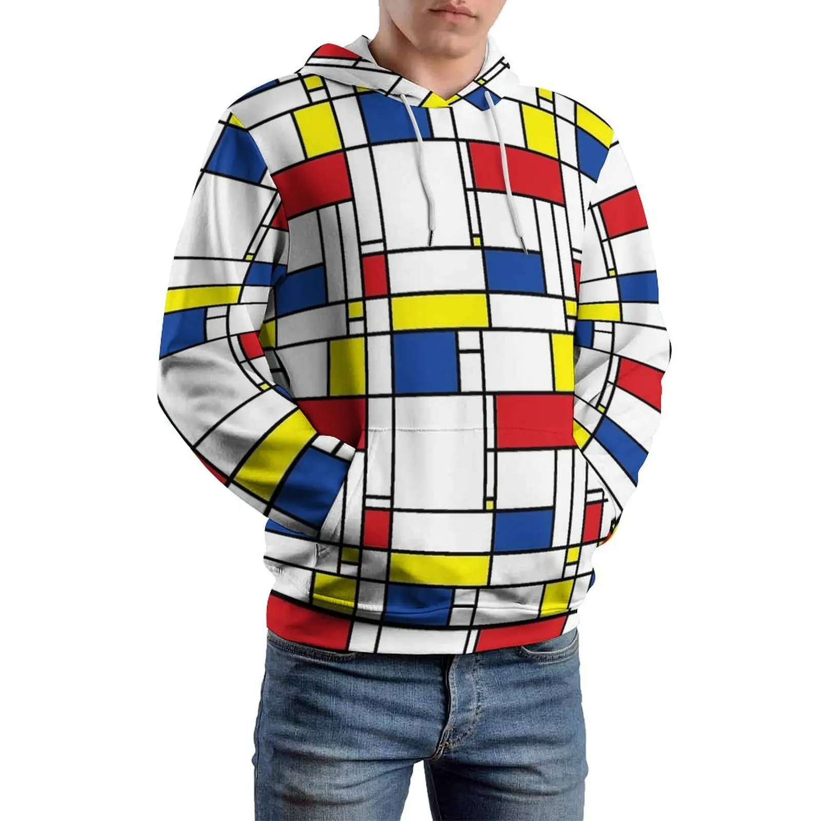 Фото Толстовки с принтом Mondrian с длинными рукавами De Stijl, современное искусство, элегантный повседневный пуловер, толстовка с капюшоном, зимняя мода, свободные толстовки большого размера №5