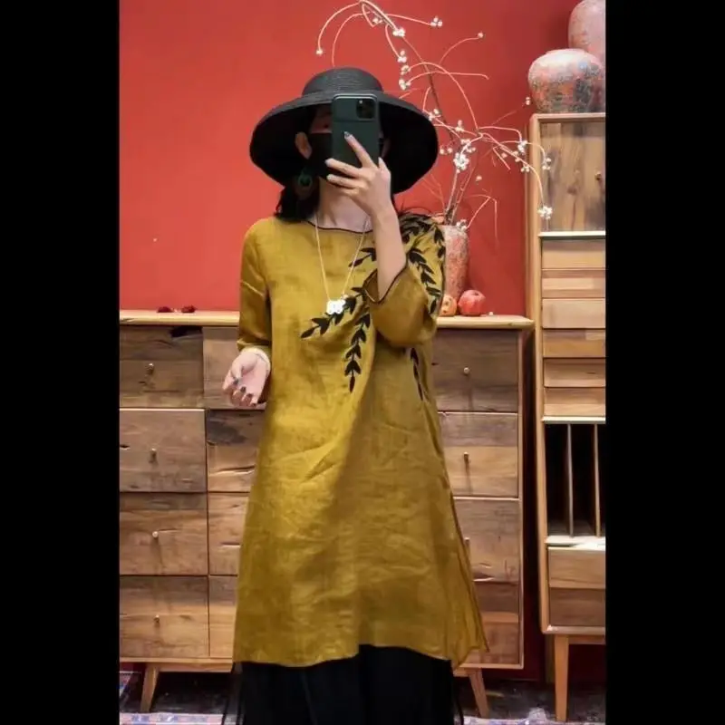 Новинка 2024, весенняя свободная блузка, женские топы Cheongsam в стиле ретро в культурном и этническом стиле с вышивкой
