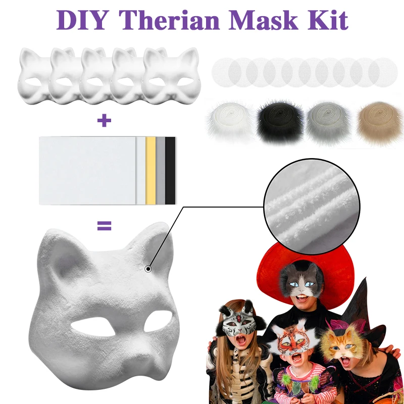 31-94 комплектов Furry Therian Mask Kit Бумажная пустая маска Кот с мехом и сеткой для глаз DIY Рождественская маска Животное Полумаска для лица Маскарад