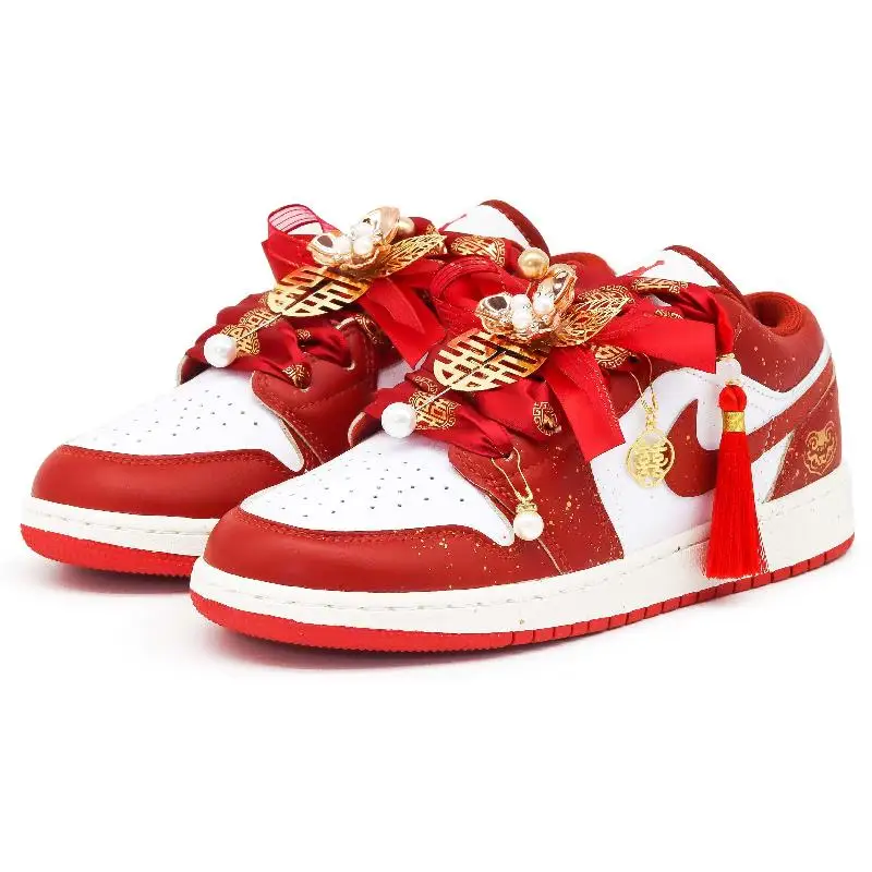 Фото 【Настроить】Винтажные баскетбольные кроссовки Air Jordan 1, унисекс, низкие красные/золотые/белые кроссовки FJ3459-160 №4