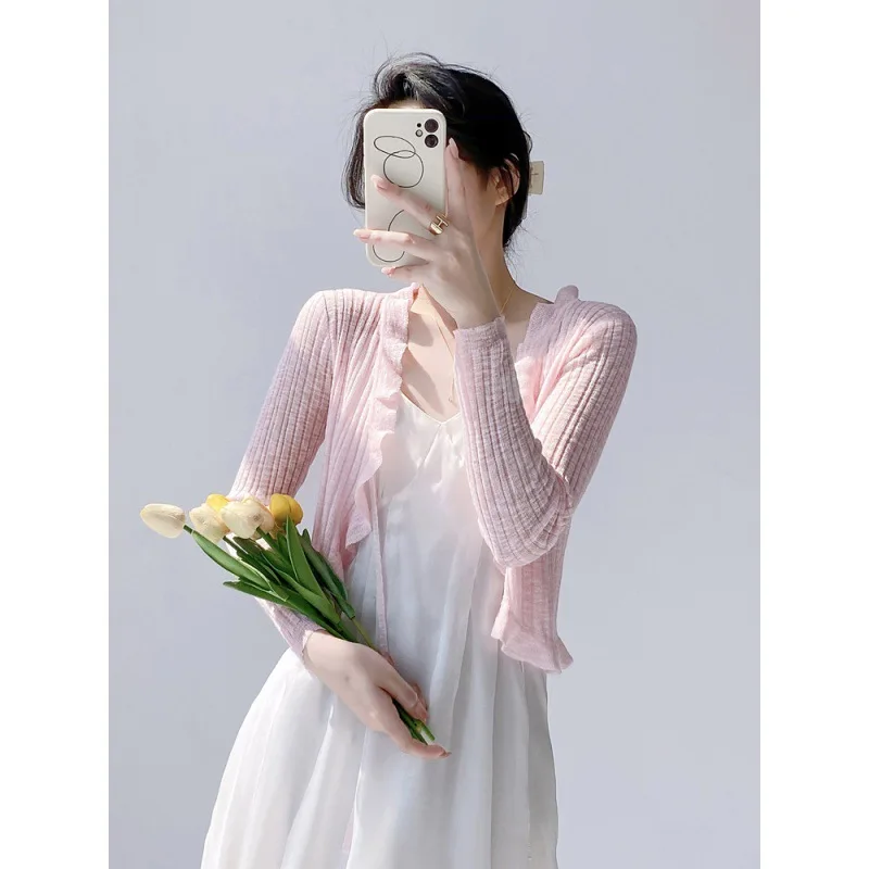 Фото Sunscreen Knitted Cardigan Women's Thin Camisole Skirt with Air Conditioning Cover Shawl Jacket №2