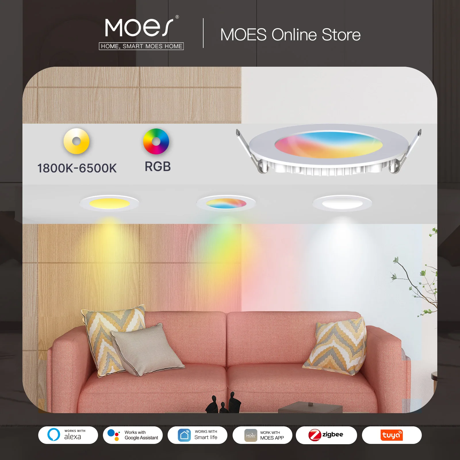 Точечный светильник MOES ZigBee, тонкая лампа с регулируемой яркостью, 6 Вт, Изменение RGB, холодное свечение, работа с Alexa Google Home, умная жизнь