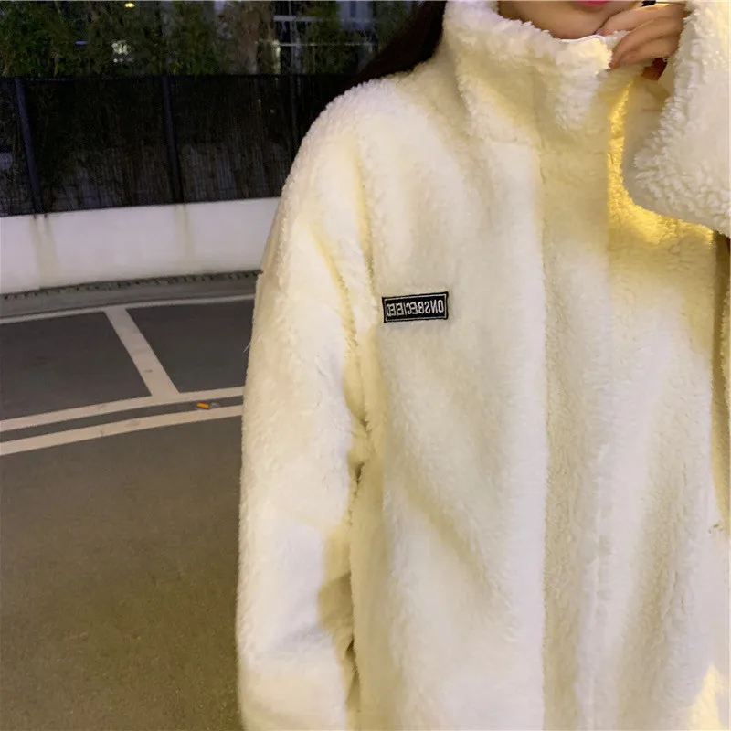 Фото Зимний Dikker Lamswollen Jas Nepbont Warm Stand Kraag Bovenkleding Vrouwelijke Rits Losse Jas Кофты met volledige mouwen №4
