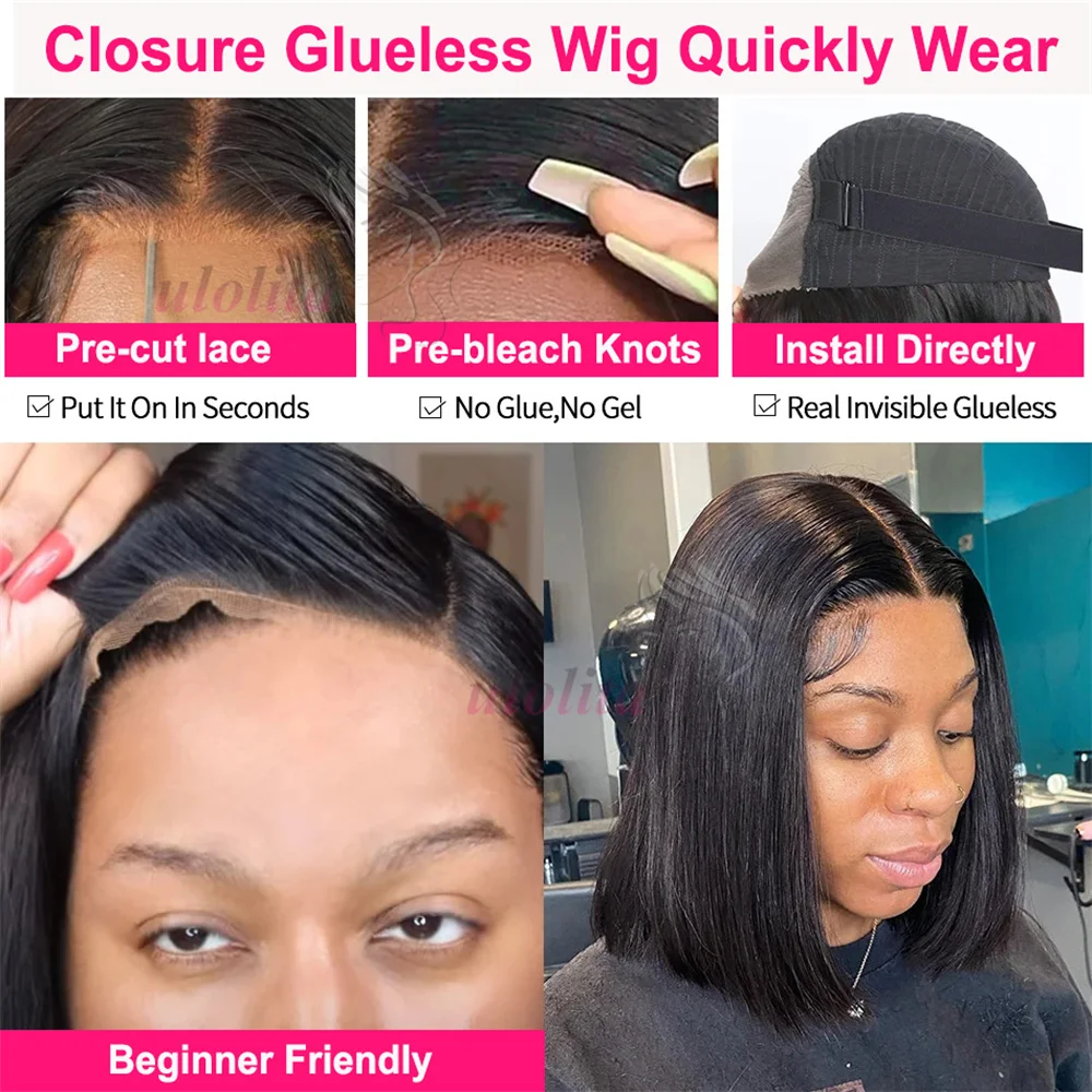 Фото Парик Wear And Go Bob, прямые короткие волосы, парик из человеческих волос, парик без клея, человеческие волосы, готов к ношении, предварительно вырезанные кружева, парик 4x4 №4