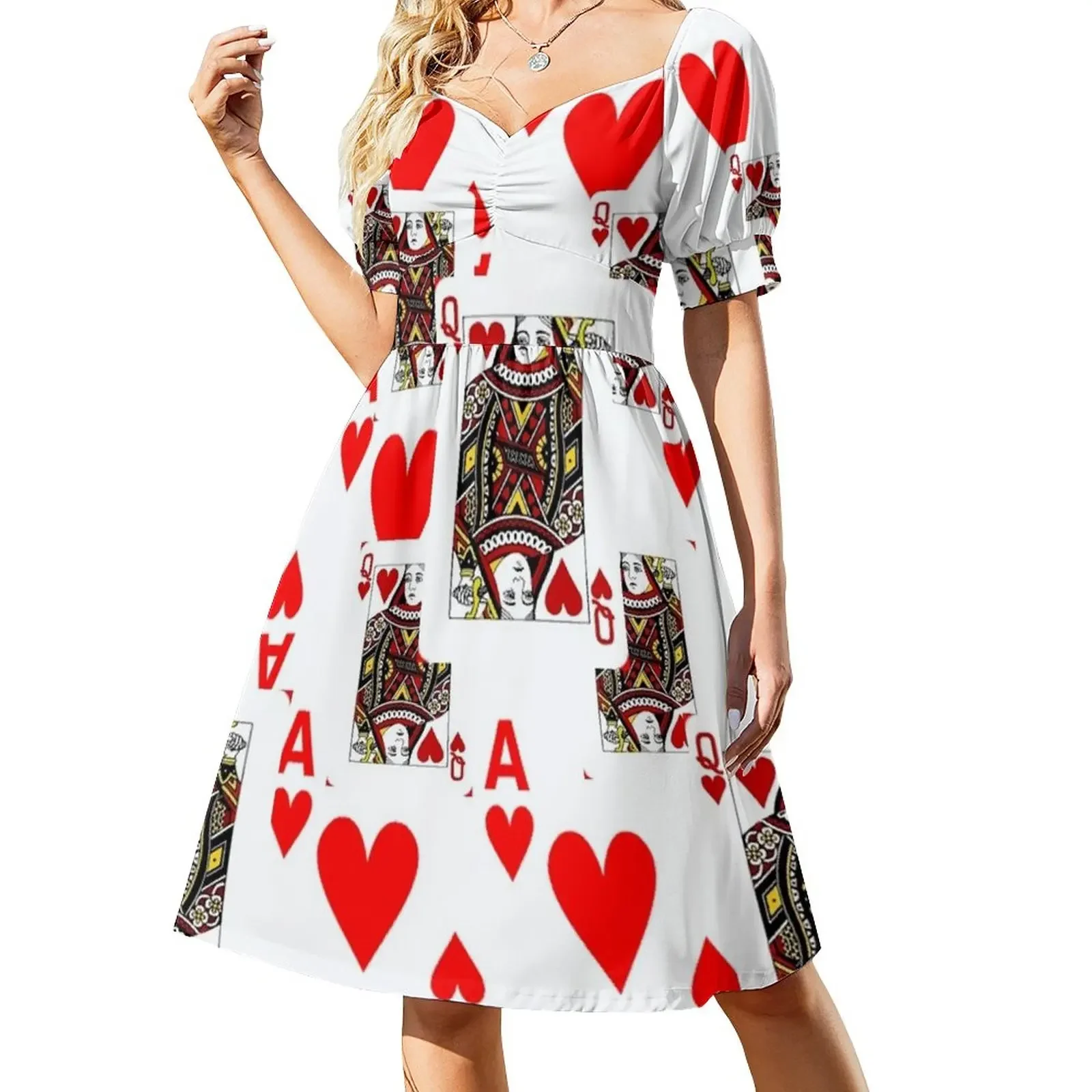 RED QUEEN OF HEARTS& ACES PLAYING CARDS ARTWORK Платье с короткими рукавами Женская модная женская одежда Корейское стильное женское платье