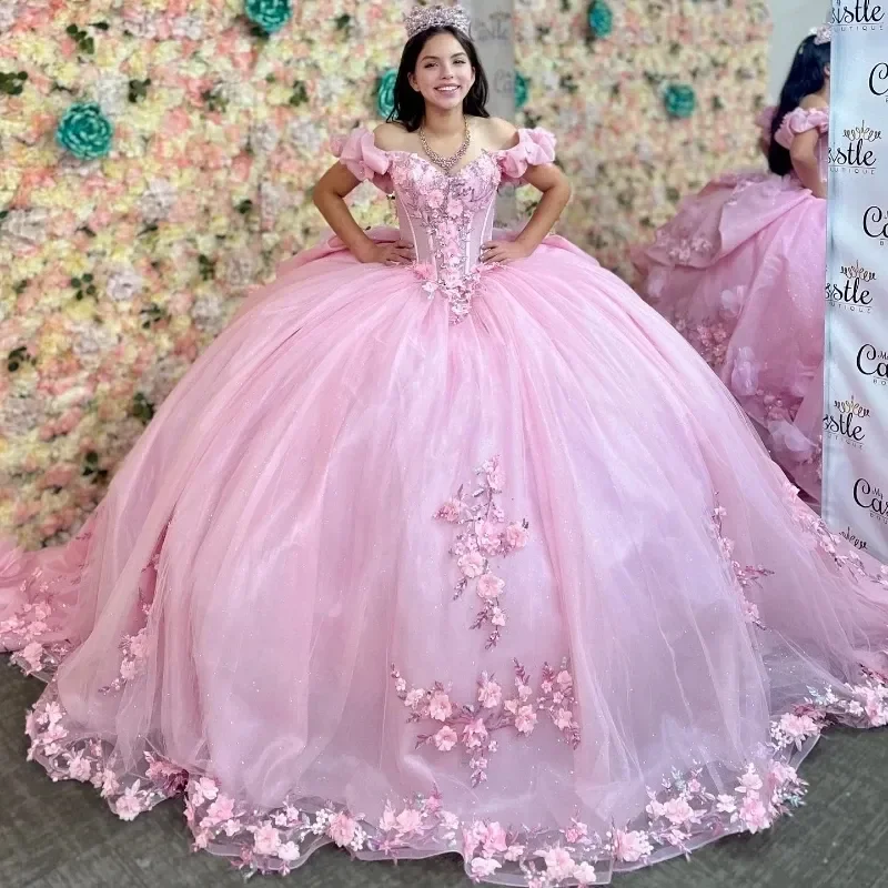 ANGELSBRIDEP Мексиканское розовое платье Charro Quinceanera, кружевные аппликации, 3D цветочные бусины, тюлевой корсет для вечеринки, милое платье 16, по индивидуальному заказу