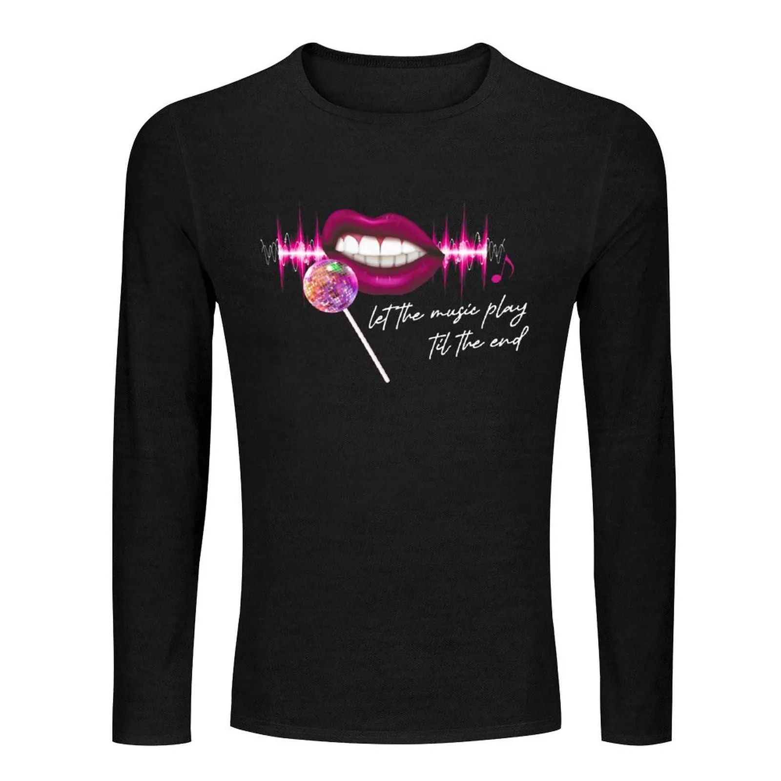 Фото Долгая футболка Let The Music Play Til The End Pink Lips Mirrorball Lollipop Microphone Trustfall Design Option 2, длинная футболка №2