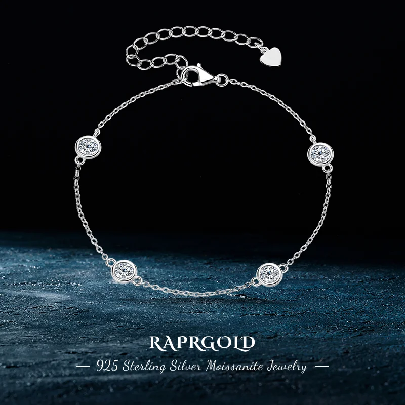 RAPRGOLD D VVS1 браслет из муассанита круглой огранки для женщин, браслеты из стерлингового серебра 925 пробы, цепочка, свадебные ювелирные изделия, подарки, пульсеры