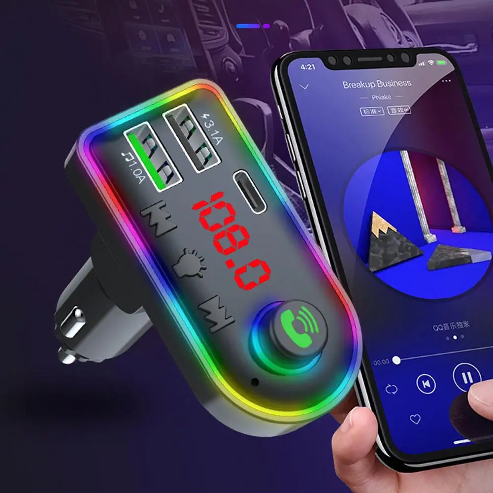 Фото Автомобильный Bluetooth MP3-плеер F7/F8, FM-передатчик, наборы громкой связи для звонков, музыкальный аудиоплеер, красочный стиль, автомобильное зарядное устройство №2