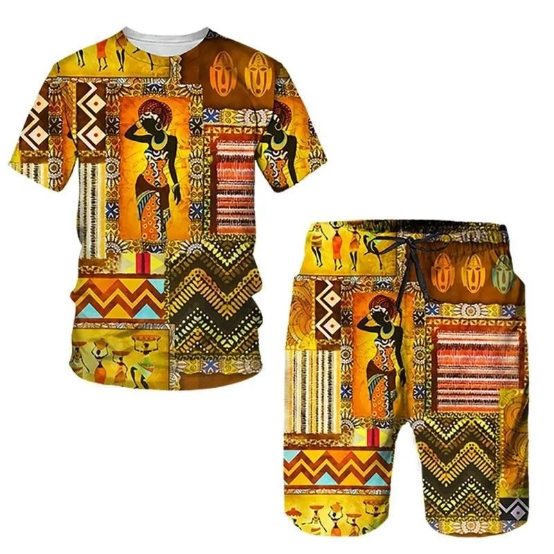 2024 Retro Men's T-shirts Shorts Set African Ethnic Style 3D Print Tracksuit Outfits Fashion Man Women Plus Size Sportwear Suits