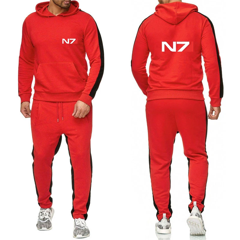 Фото Новый мужской спортивный костюм N7 Mass Effect с логотипом, толстовки, повседневный однотонный толстый пуловер, длинные брюки, комплект из 2 предметов, осенний спортивный костюм для бега №4