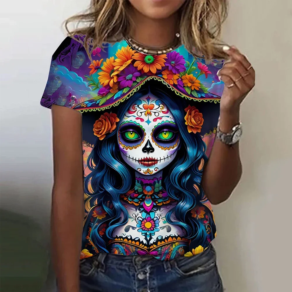 Фото Женская футболка «Мексиканский день мертвых» с 3D принтом розы Catrina Goddess, футболки с круглым вырезом и короткими рукавами, уличная одежда Y2k, одежда для девочек №5